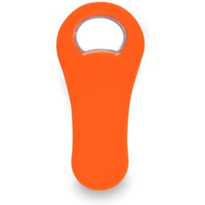 An orange bottle opener with a sleek design and a keyring attachment. It features a logo on its surface.