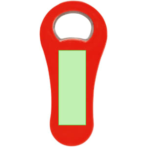 A red bottle opener with a circular opening at the top and a blank green section on the front. It features a logo.