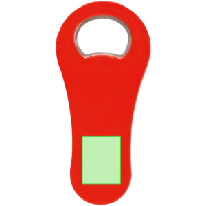A drink bottle opener in vibrant red with a metal opening mechanism and a blank green area for personalisation.