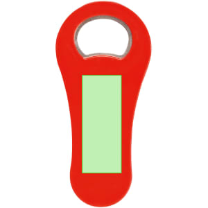 A red bottle opener with a circular opening and a blank green area, featuring a logo on its design.