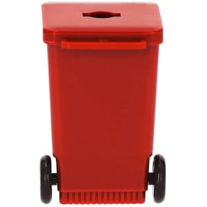 A red wheeled bin with a lid and a slit for disposal. It has black wheels for easy mobility.