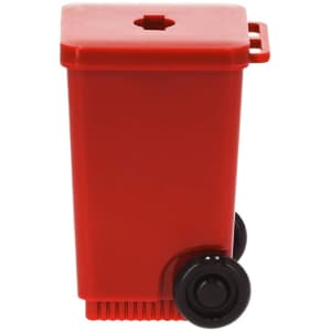 A red pencil sharpener designed in the shape of a small bin, featuring wheels and a lid. It has a logo on it.