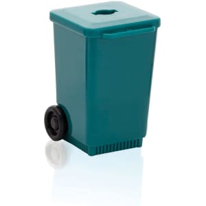 A teal wheelie bin with a solid top, featuring a rounded black wheel for easy movement.