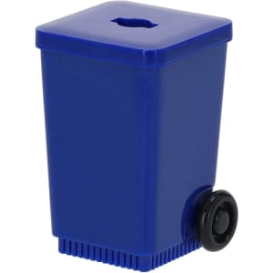 A blue pencil sharpener shaped like a trash bin, featuring a black wheel and a slot on top for pencils.