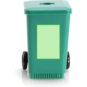 A green pencil sharpener shaped like a small wheelie bin, featuring a black wheel and a blank label area.