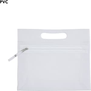 A white PVC toiletry bag with a zippered pocket and a handle for easy carrying. It has a simple, minimalistic design.