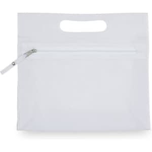 A white toiletry bag with a handle and a zippered pocket on the front, featuring a logo.