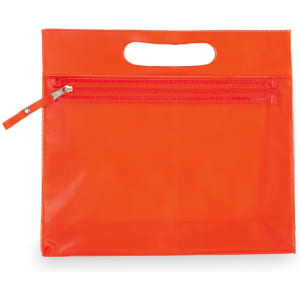 An orange tote bag with a handle and a zippered pocket at the front. It has a smooth, shiny finish.