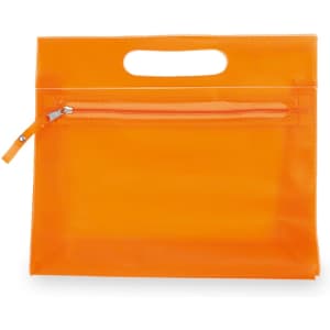 An orange toiletry bag with a zippered pocket and a handle for easy carrying. It has a transparent design.