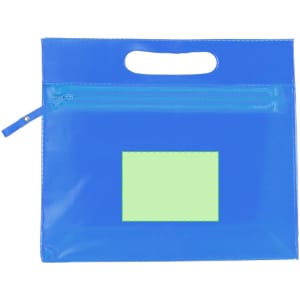 A bright blue toiletry bag featuring a transparent pocket and a handle for easy carrying. It includes a zippered compartment.