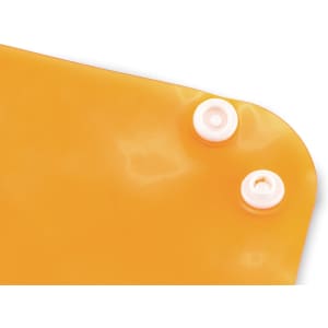 An orange Flot Coin Tray featuring two white buttons for sealing. It has a smooth, glossy finish.