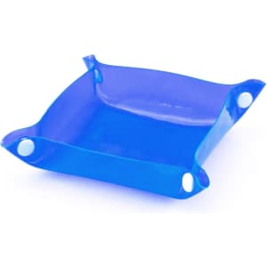 A blue Flot Coin Tray with rounded corners and four button-like fasteners at the edges.