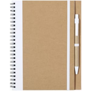 A brown spiral notebook with a white side panel and a pen secured on the side.