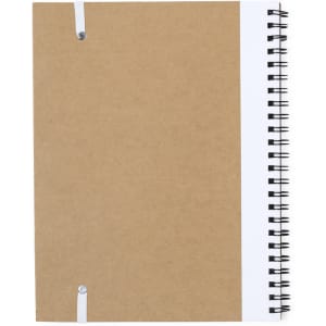 A brown notebook with a spiral binding and white pages. It features a metal clasp for closure.