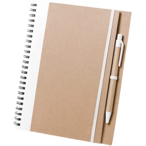 A brown spiral-bound notebook with a white pen attached. The cover is plain and features a logo.