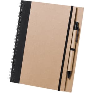 A brown spiral-bound notebook with a black elastic band and a black pen attached.
