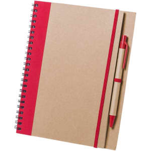 A brown notebook with a red spiral binding and a red elastic band, accompanied by a red pen.