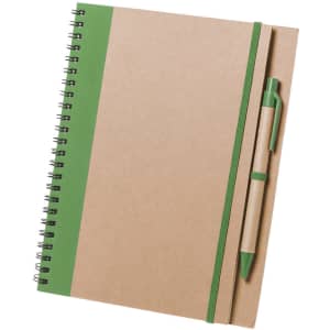 A brown spiral notebook with a green elastic band and a matching green pen attached.