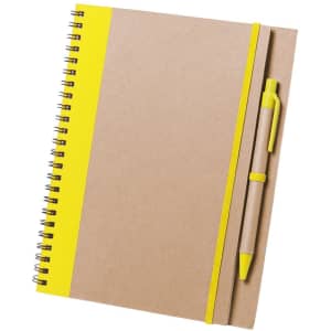 A tan spiral notebook with a bright yellow stripe and a matching pen. The notebook features a branding logo.