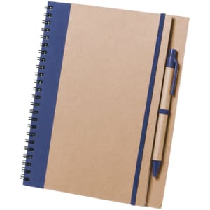 A kraft notebook with a navy blue band and matching pen attached, featuring a spiral binding.