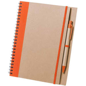 A tan notebook with an orange band and matching pen, featuring a spiral binding and an elastic closure.