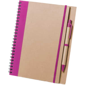 A spiral-bound notebook with a kraft cover and bright pink accents, accompanied by a matching pink pen.