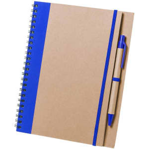 A brown notebook with a blue stripe and a blue pen attached, featuring a spiral binding.