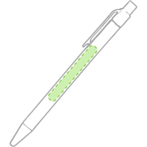 A white pen with a bright green grip section and a clip on the side, featuring a simplistic design.