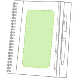 A spiral-bound notebook with a green cover and an attached pen on the side, featuring a blank area for customisation.