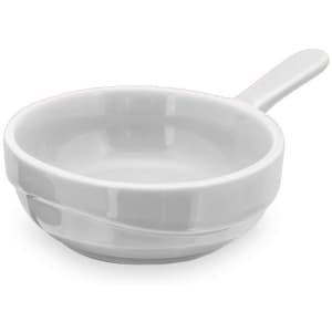 A ceramic serving dish in white, featuring a smooth, rounded shape and a handle.