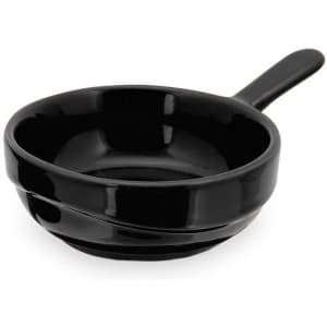 A black serving dish with a handle, featuring a smooth, glossy finish and a rounded shape.