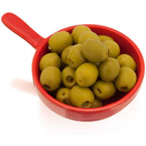A red serving dish filled with green olives. The dish features a long handle for easy serving.