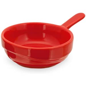 A red serving dish with a handle, featuring a sleek and smooth design. It has a glossy finish.