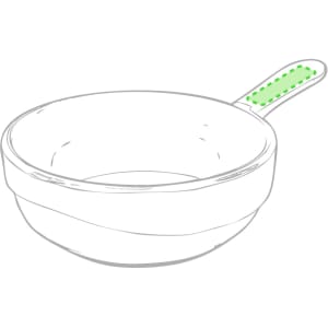 A serving dish with a white curved bowl and a green-dotted handle, featuring a sleek and modern design.