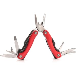 A multitool featuring red rubber grips, pliers, and various stainless steel tools attached. It includes a branding logo.