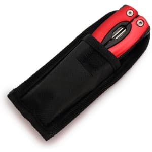 A red multitool with a black protective case, featuring various tools within. There is a logo on the case.