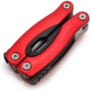 A red and black multitool featuring multiple functions, designed as a compact keyring accessory.
