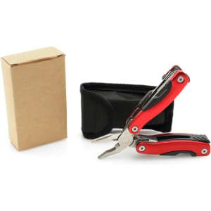 A red multitool with pliers, alongside a kraft packaging box and a black carrying pouch.