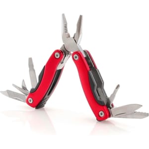 A red multitool with pliers and various stainless steel tools attached, featuring a logo on the handle.