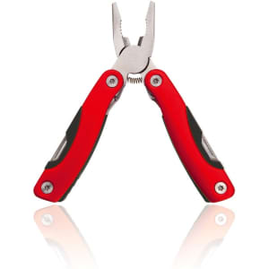 A red multitool featuring pliers, with sleek metallic components and a logo on the side.