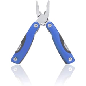A multitool with blue and black handles and silver metal components, featuring pliers and various tools.