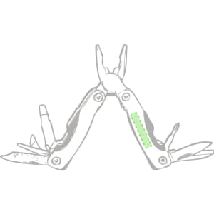 A silver multitool with pliers and multiple attachments, featuring a green highlighted section. It has a logo.