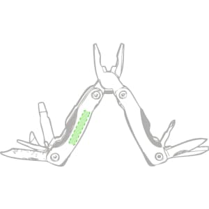 A silver multitool featuring pliers, various blades, and tools, with a green accent and a logo.
