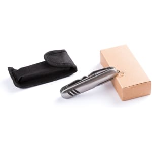 A metallic multifunction pocket knife with a black pouch and a brown box. Contains a keyring attachment.