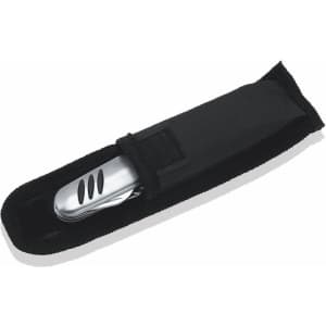 A stainless steel multifunction pocket knife in a black fabric pouch, featuring a secure fastening.