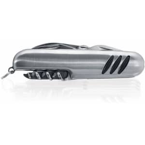A multifunction pocket knife in stainless steel, featuring various tools and a keyring attachment.