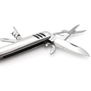 A silver multifunction pocket knife with various tools, including blades, scissors, and a bottle opener.