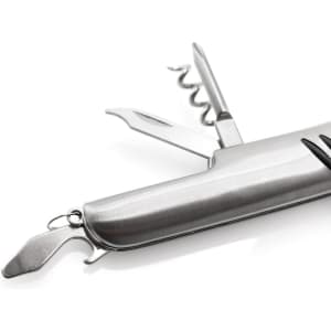A stainless steel multifunction pocket knife featuring various tools, including a blade, corkscrew, and bottle opener.