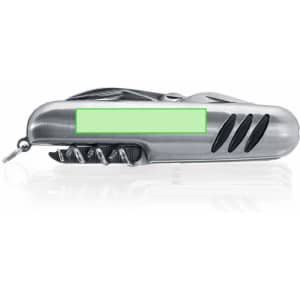 A multifunction pocket knife in silver with various tools and a keyring attachment.