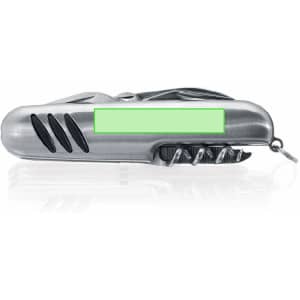 A multifunction pocket knife in silver with a keyring attachment. Features various tools and a blank area for branding.